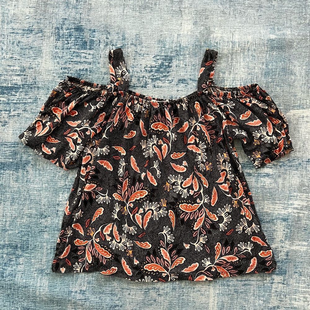 H&M Black Red Pink Off the Shoulder Leaf Print Top XS